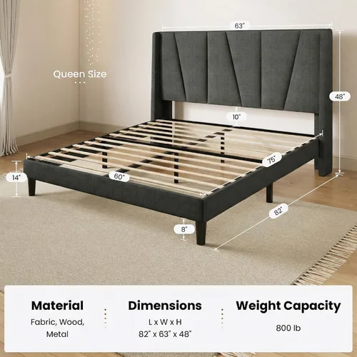 Miniatura 2 de SHA CERLIN Base de cama tamaño Queen con cabecera geométrica con respaldo de ala, plataforma tapizada con soporte de listones de madera, espacio Gris