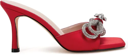 Miniatura 2 de VETASTE Women's Heeled Sandals Square Open Toe Double Bow Satin Mules Heels Wedding Party Slip on Stilettos