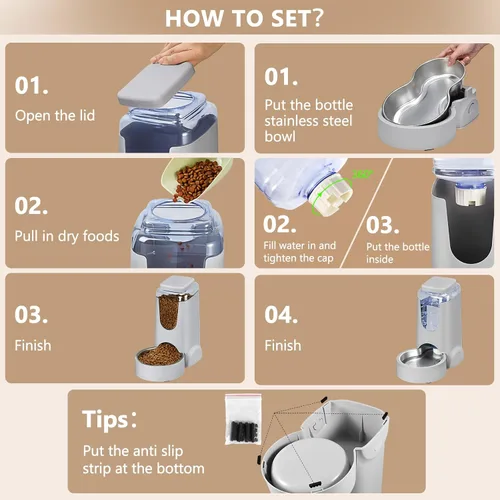 Miniatura 6 de Comedero y dispensador de agua automático para gatos con cuenco de acero inoxidable, comedero por gravedad para perros y bebedero para mascotas Gris