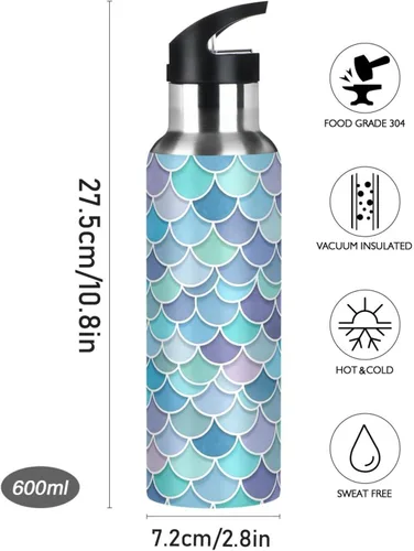 Miniatura 9 de BPA-Free Sports Water Bottle with Straw 32 Oz, Stainless Steel Vacuum Insulated Water Bottle for Gym Outdoor Travel School, Watercolor Mermaid