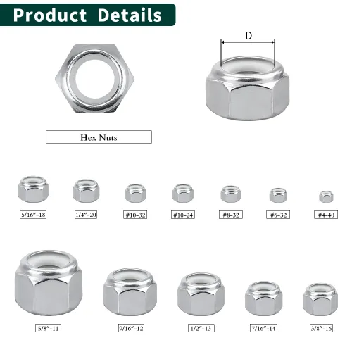 Miniatura 4 de Tuercas de bloqueo hexagonales con inserto de nailon 1/2-13, tuercas de seguridad inoxidables, accionamiento hexagonal, acabado brillante, acero