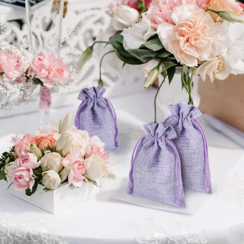 Miniatura 7 de Naler 24 bolsas de arpillera de 3.9 x 5.5 pulgadas con cordones, bolsas de regalo de lino, bolsas de joyería para bodas, recuerdos de fiesta, Azul