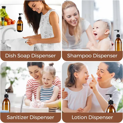 Miniatura 6 de Botella de bomba de vidrio ámbar de 8 onzas, botella dispensadora de jabón de vidrio de 8.5 fl oz para aceite de masaje de loción corporal