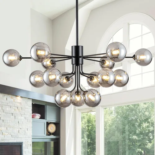 Miniatura 12 de Lámpara de techo Sputnik negra montaje semiempotrado lámpara de techo de 5 luces con globo blanco lechoso moderna lámpara de araña Sputnik