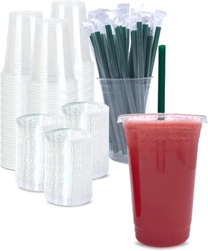 Miniatura 9 de [100 CONJUNTOS] Vasos de plástico transparente de 12 onzas con tapas y POPOTES, vasos desechables para café helado con tapas, vasos transparentes