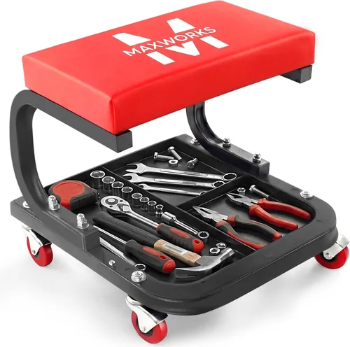 MaxWorks Asiento Rodante para Mecánicos, Capacidad de 250 Libras, Taburete Deslizante Acolchado de Taller Rodante con Bandeja de Almacenamiento de