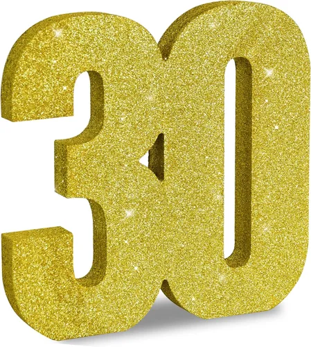 Miniatura 7 de TONIFUL Centros de mesa de madera número 0 con purpurina dorada de 7.8 pulgadas, decoración de fiesta de cumpleaños, oro brillante digital 0