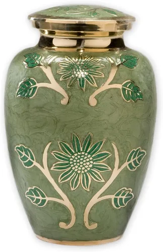 Green Garden - Urna de cremación grande de latón | Urna funeraria de latón única con detalles de esmalte dorado y verde | Grande