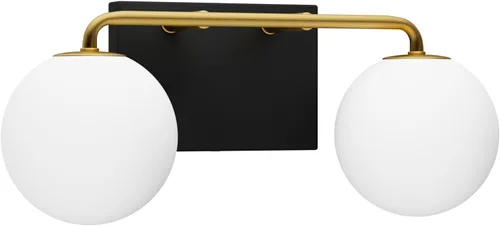 Tipace 2 luces vintage de mediados de siglo para tocador de baño sobre espejo, luces de tocador industriales negras y doradas con globo de vidrio