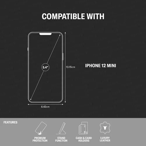 Miniatura 2 de TORRO Funda de piel compatible con iPhone 12 Mini, funda de piel auténtica tipo cartera con tarjetero y función de soporte (marrón oscuro)