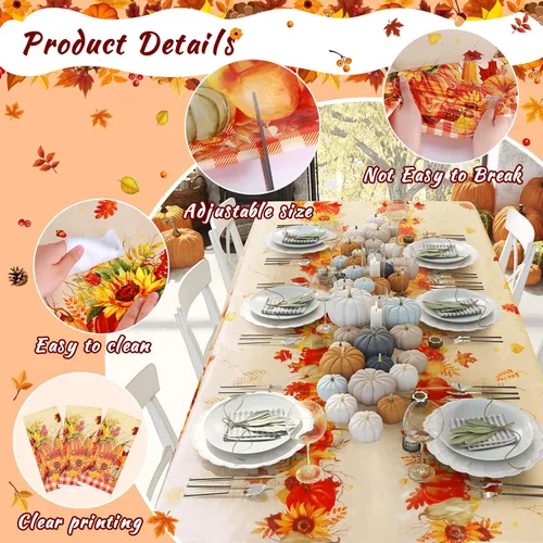 Miniatura 3 de 3 manteles rectangulares desechables de plástico para otoño, con hojas de arce, mantel rectangular impermeable para otoño para decoración de días