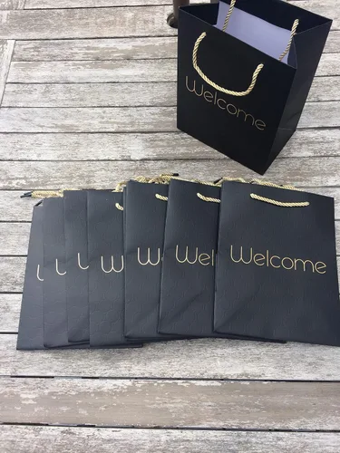 Miniatura 3 de MODEENI Bolsas de regalo de bienvenida negras de 8 x 10 pulgadas con asas doradas, paquete de 24 unidades, tamaño mediano de 8 x 5 x 10 pulgadas