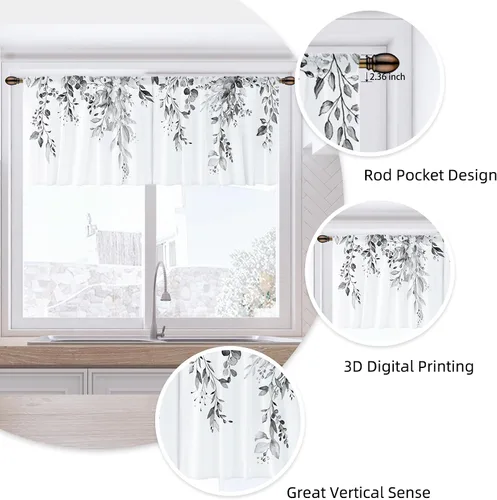 Miniatura 7 de Cortina de eucalipto negro y gris, cenefa para tratamiento de ventana, estilo bohemio, rústico, floral, bolsillo para barra, cortinas de ventana
