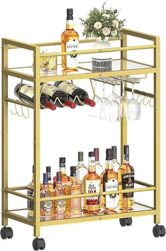 Miniatura 11 de Carrito de Servicio para Bar Doméstico, Carrito de Servicio con Ruedas y Mango, Carrito de Cocina Rodante de 3 Niveles, Carrito para Microondas