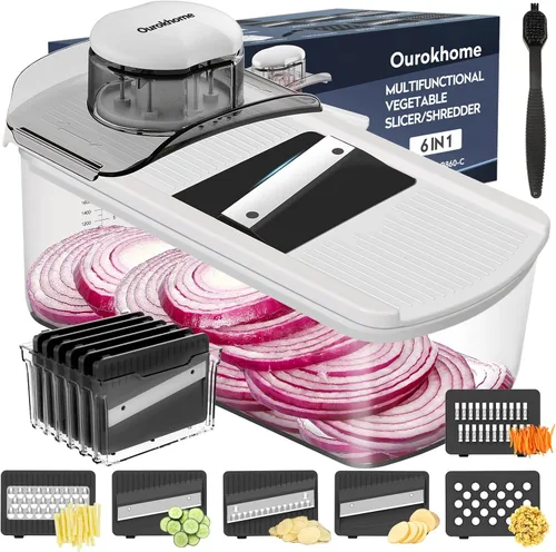 Miniatura 10 de Ourokhome Cortador de mandolina con espiralizador de mano, trituradora de verduras segura para manos con 6 cuchillas de mandolina, cortador de Verde