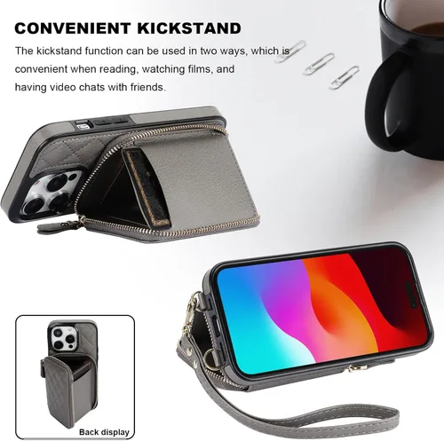 Miniatura 5 de Bocasal Funda tipo cartera cruzada para iPhone 14 Pro, bloqueo RFID, de piel sintética, con cremallera, funda tipo cartera con función atril y Gris
