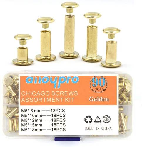 Juego de 90 tornillos Chicago surtidos, 5 tamaños, remaches de cuero dorado de 0.197 in, remaches de tornillo planos, postes de encuadernación de