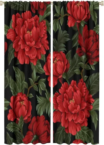 Cortinas opacas de flores vintage, flores rojas, hojas verdes, impresión artística negra para sala de estar, dormitorio, baño, decoración con Estilo
