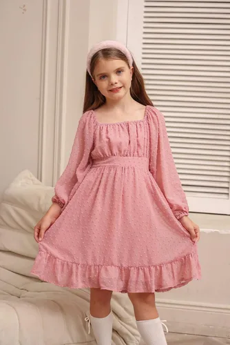 Miniatura 2 de GRACE KARIN Vestido escalonado con volantes para niñas, vestido acampanado de manga larga con lunares suizos, 6-12 años