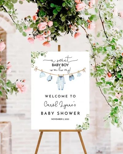 Miniatura 3 de Señal de Bienvenida Personalizada para Baby Shower de Niño, Señal de Baby Shower Niño, Decoraciones de Baby Shower Azul Boho de Oso Sol, Aquí Viene