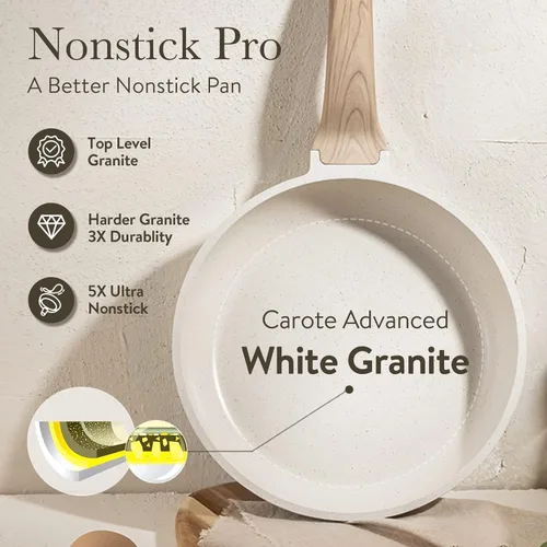 Miniatura 5 de CAROTE - Sartén antiadherente de 12 pulgadas con tapa, sartén de granito blanco sin pegajosidad, sartenes para tortillas, sartén de huevos