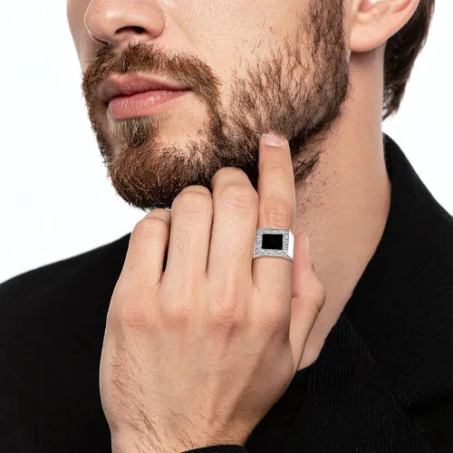 Miniatura 6 de Anillo de plata de ley 925 para hombre con circonita cúbica y ónix negro