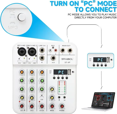 Miniatura 5 de Mezclador de audio de 4 canales pequeño, consola de mezcla de mesa de sonido con USB digital Bluetooth alimentación fantasma de 48V y eco, pequeña