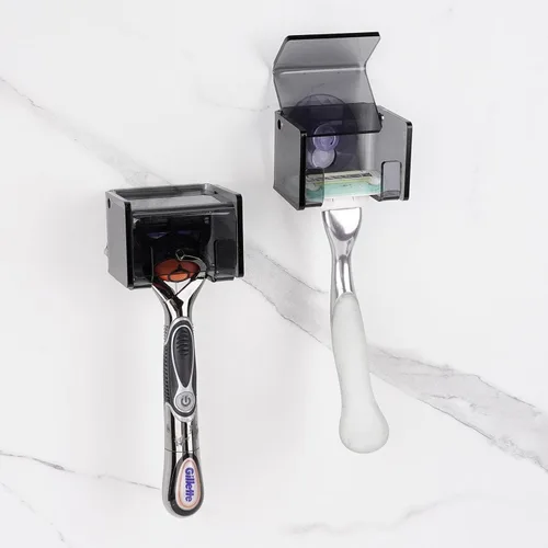 Miniatura 7 de Paquete de 2 soportes acrílicos para maquinilla de afeitar con cubierta para ducha, organizador de afeitadora montado en la pared con ventosa