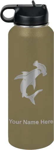 Miniatura 68 de LaserGram Botella de agua personalizada, tiburón martillo, acero inoxidable de doble pared aislada al vacío con popote superior, regalo grabado