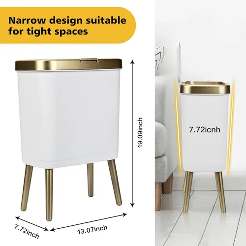 Miniatura 2 de Basurero de baño blanco y dorado, delgado con tapa, cubo de basura de cocina de 4 galones con patas, cesta de basura de plástico moderna