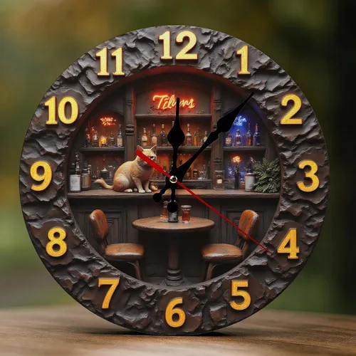 Decorative Wall Clocks Battery Operated 10 Inch - Modern Wooden Vintage Brown Bar Cat 2D Print Non Ticking Silent Wall Clocks for Living Room
