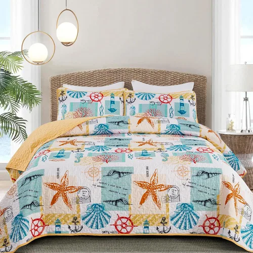 Miniatura 25 de DJY Beach Quilt Set Queen Size,3 Piece Coastal Ocean Summer Bedspread Coverlet Set with 2 Pillow Cases Lightweight Soft Microfiber Nautical Bedding