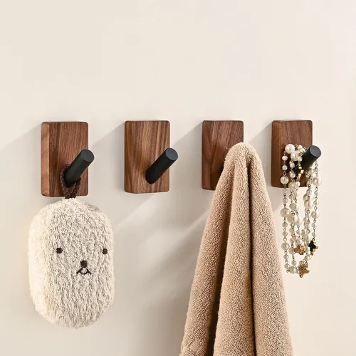 Paquete de 4 Ganchos de Pared de Madera para Colgar, Montaje Adhesivo y Montaje en Pared, Ganchos Decorativos Boho de Madera de Nogal para Abrigos,