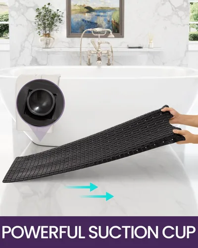 Miniatura 4 de DEXI Tapete para bañera antideslizante, extra largo de 39 x 16 pulgadas, ventosas, agujeros de drenaje, lavable a máquina, para suelo de ducha