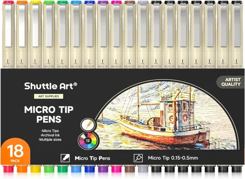 Shuttle Art Paquete de 18 bolígrafos microlíneas, tinta impermeable de archivo, 11 colores en punta de fieltro de 0.012 in y 7 negros en tamaños de