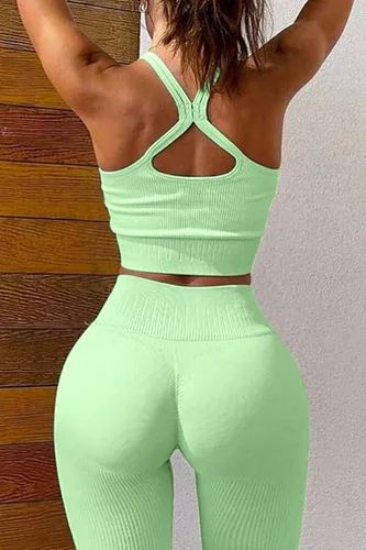 Miniatura 2 de QINSEN Conjuntos de entrenamiento sin costuras para mujer conjuntos de leggings de yoga de cintura alta acanalados de 2 piezas