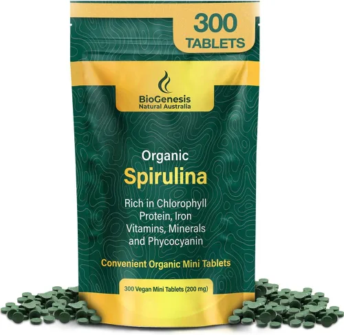 Biogenesis Mini tabletas de espirulina orgánica, 300 unidades (200 mg) | Algas azul-verdes cultivadas en Australia | Ricas en ficocianina, clorofila