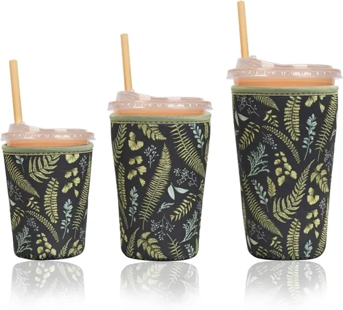 Miniatura 12 de Funda aislante reutilizable para taza de café helado, paquete de 3 fundas de neopreno para bebidas frías y calientes, soporte para bebidas para café