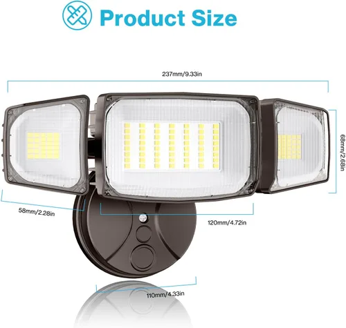 Miniatura 9 de Olafus Luces de inundación de 55 W para exteriores, luces LED de seguridad de 5500 LM, luz de inundación exterior de 6500 K con 3 cabezales Marrón