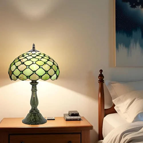 Miniatura 3 de Tiffany Lamp Stained Glass Table Lamps Amber Green Pearl Style Desk Lamp12X12X18.5 Inch Bronze Ceramic Base Reading Light Suitable for Bedside