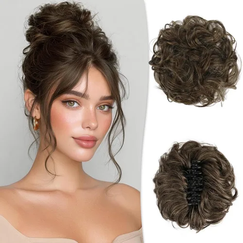 Miniatura 25 de RUWISS Pinza de Garra Moño Desordenado Postizo de Cabello Humano Real Moños Ondulados Rizados Chignon Extensiones de Moño Peinado Recogido
