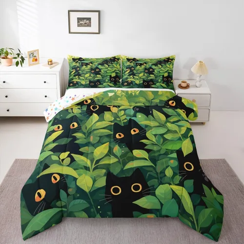 jejeloiu Juego de edredón de dibujos animados para niños, tamaño individual, estampado de gatos, juego de ropa de cama con patrón de hojas, edredón