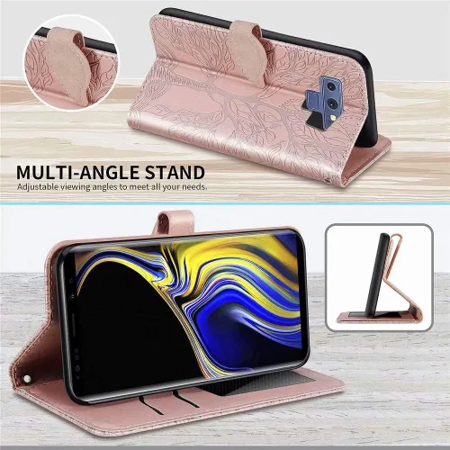 Miniatura 4 de Funda tipo cartera para Samsung Galaxy Note 9, piel sintética de alta calidad con diseño de árbol en relieve, función atril, ranuras para tarjetas