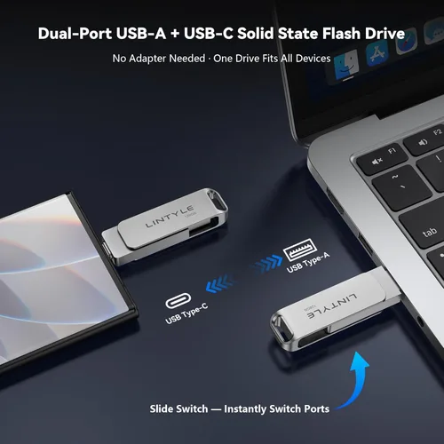 Miniatura 2 de Unidad flash externa SSD de 128 GB, hasta 450 MB/s, USB 3.2 Gen1, Dual Type-C y USB A, diseño giratorio de metal, unidad de pulgar SSD externa