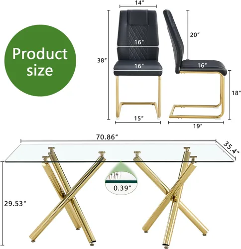 Miniatura 3 de Ebullient Moderno juego de mesa de comedor para 6, mesa de comedor de cristal de 71 pulgadas y patas de mesa de metal dorado, mesas de comedor