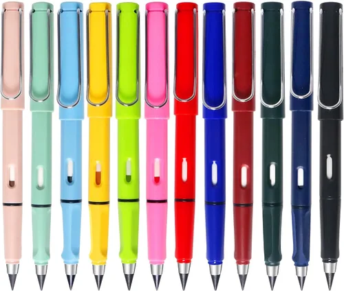 Paquete de 12 lápices Forever para niños para escribir, lápiz infinito, lindo lápiz eterno sin tinta con borrador para bocetos (negro)