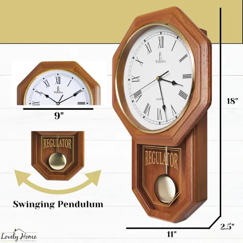Miniatura 3 de Reloj de pared de péndulo a pilas, reloj regulador de madera real, diseño de casa escolar con péndulo, silencioso, sin timbre, decoración de pared