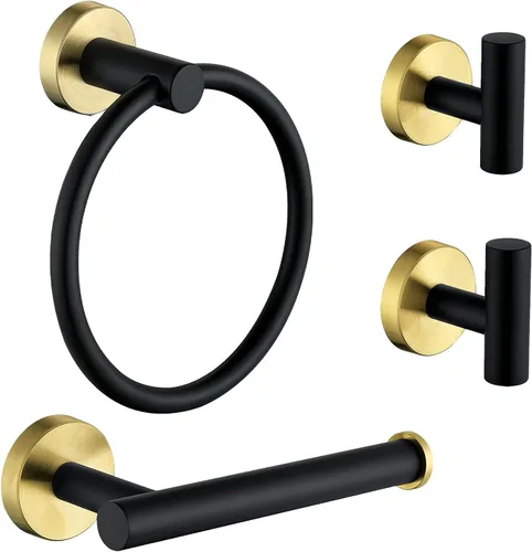 Juego de 4 piezas de acero inoxidable negro mate y dorado cepillado que incluye soporte para toalla de mano, soporte para papel higiénico y 2