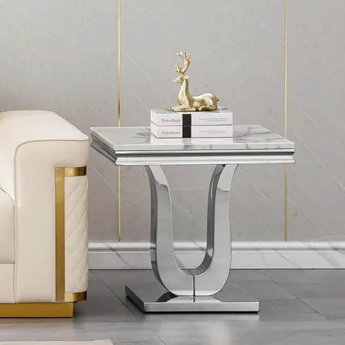Miniatura 24 de SSLine Mesa de Centro Rectangular de Mármol Sintético para Sala de Estar, Mesa Central Moderna de Mármol Blanco de Lujo con Base Doble en Forma de U