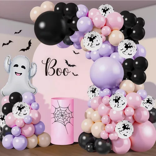 Kit de guirnalda de arco de globos de Halloween rosa, globos de 18 pulgadas, 10 pulgadas, 5 pulgadas, negro, rosa, morado con globos de aluminio de